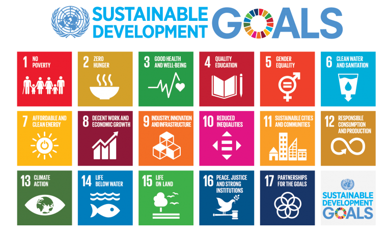 Sustainable Development Goals: Colorful squares each labeled with one of the SDGs